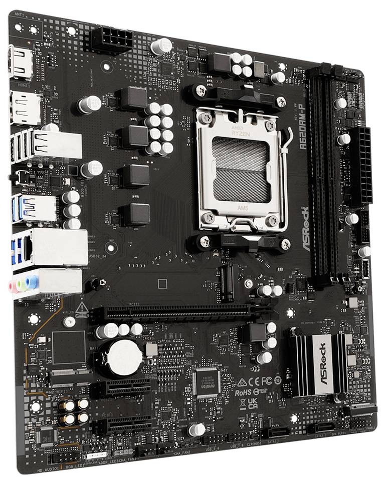 Scheda madre ASRock nera con socket CPU AMD e molteplici connettori di espansione, memoria e alimentazione su sfondo bianco.