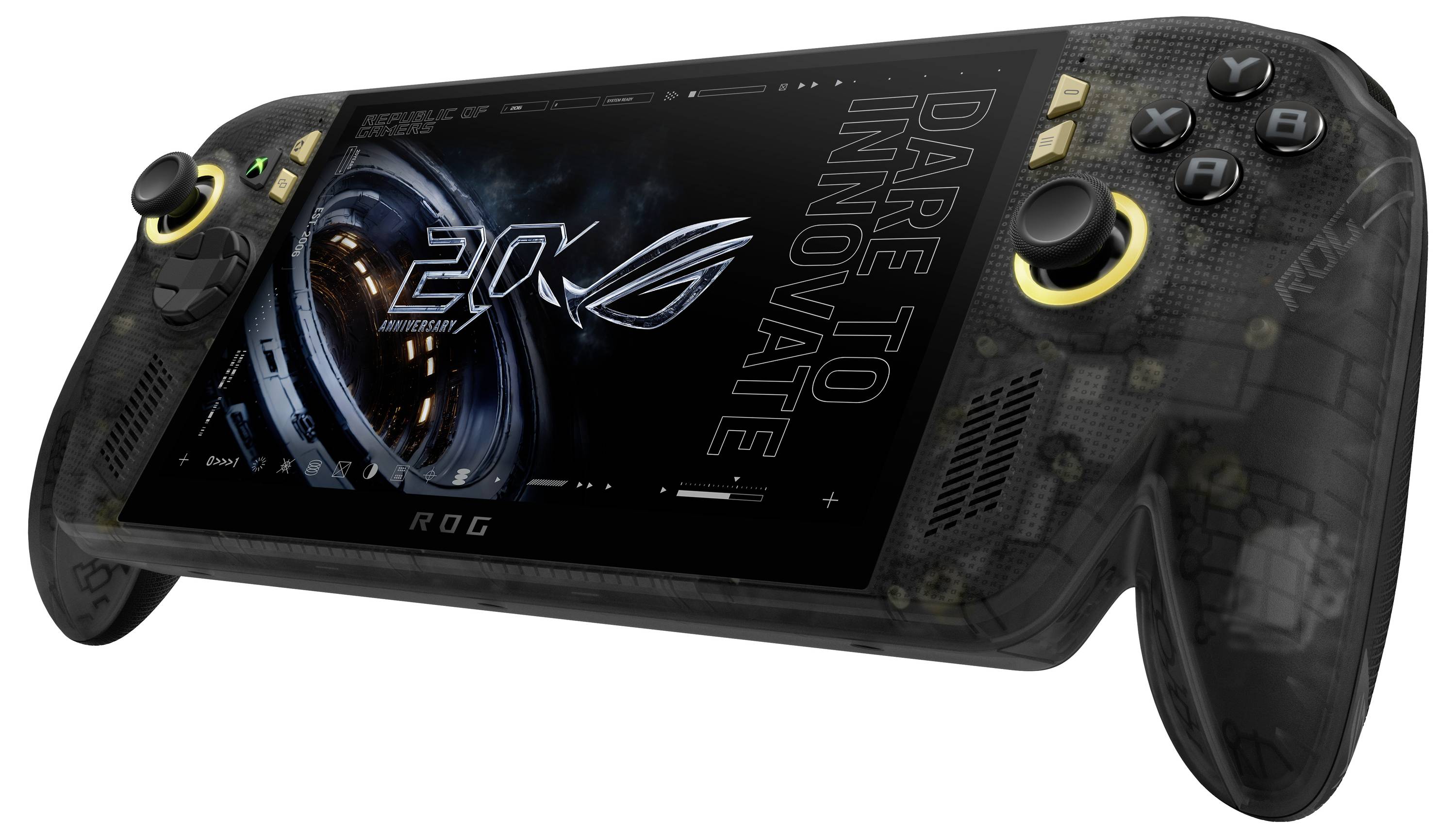 Console portatile per gaming ASUS ROG nero con schermo che mostra 'ROG' e 'DARE TO INNOVATE'; controlli visibili su entrambi i lati.