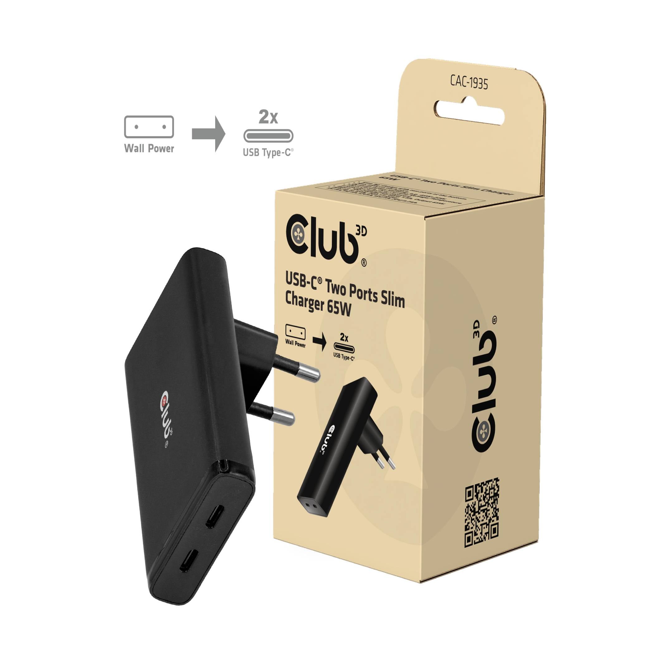 Immagine del prodotto di un caricabatterie da muro slim Club 3D a due porte USB-C da 65W di colore nero, mostrato con la sua scatola al dettaglio e le icone di compatibilità della spina.
