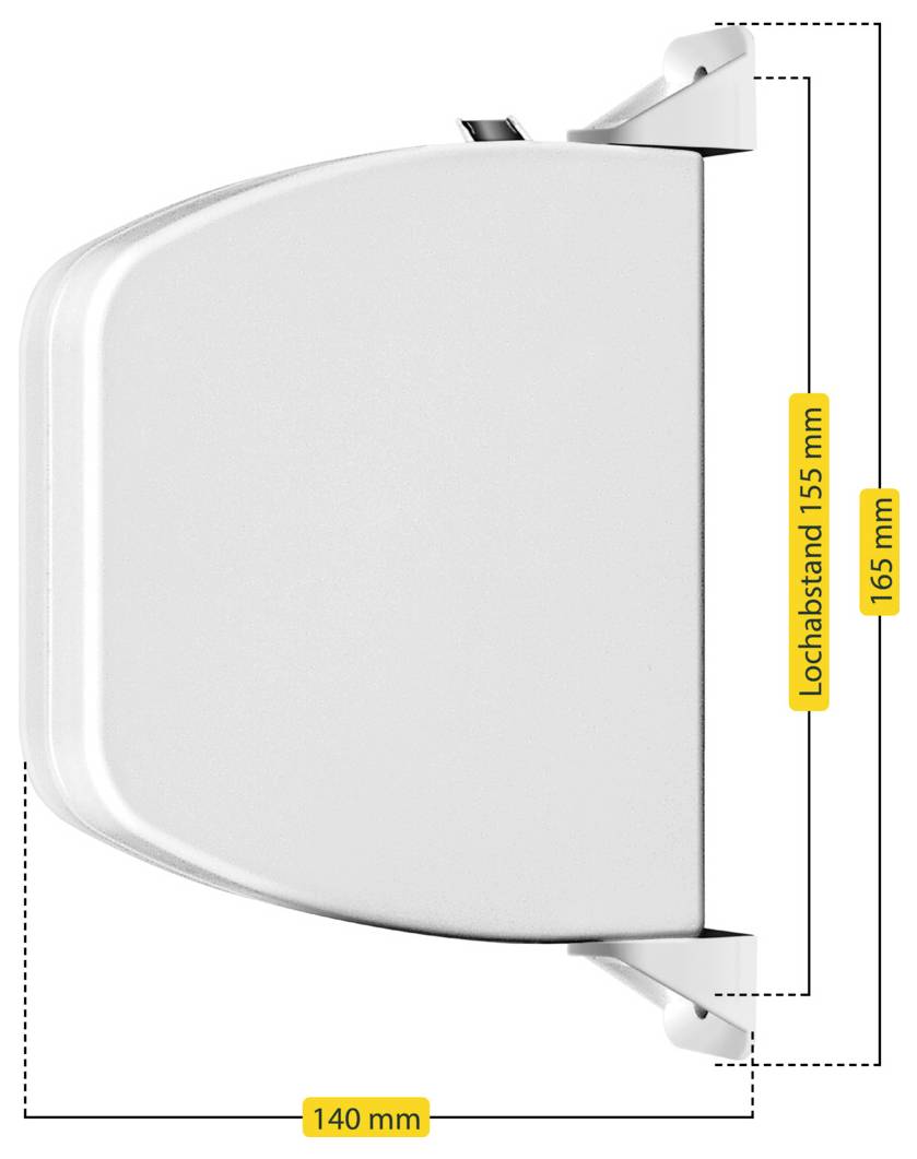 Dispositivo curvo bianco mostrato dall'alto con dimensioni indicate: larghezza di 140 mm e altezza di 165 mm, con una distanza di apertura centrale di 155 mm.