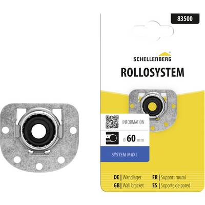 Immagine del prodotto di una staffa a parete del sistema rollo Schellenberg, che mostra la parte di montaggio in metallo e la confezione etichettata 'ROLLSYSTEM' e 'SYSTEM MAXI' per tende da 60 mm.