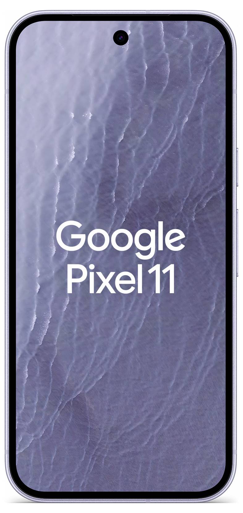 Vista frontale di uno smartphone che visualizza il testo 'Google Pixel 11' su uno sfondo grigio con texture.