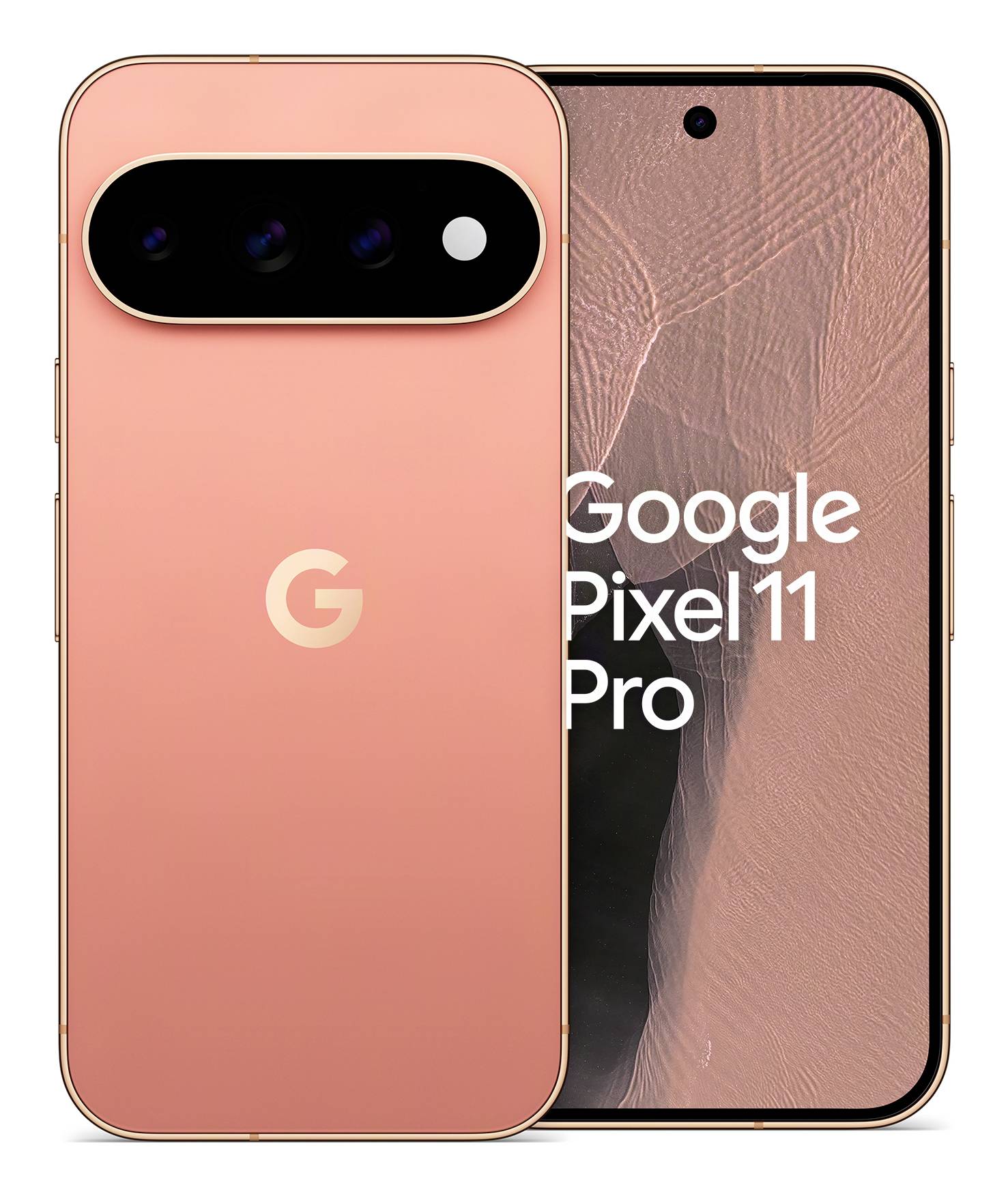 Google Pixel 11 Pro mostrato davanti e dietro in corallo rosa, con grande barra fotocamera posteriore e il nome del telefono visualizzato sullo schermo.