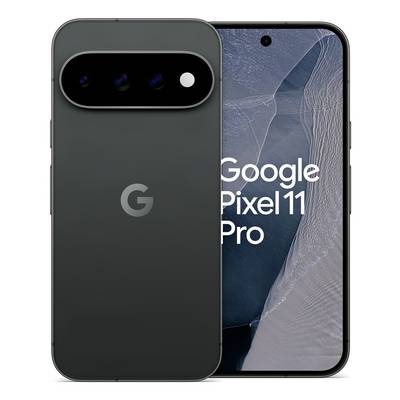Viste anteriore e posteriore di uno smartphone Google Pixel 11 Pro nero, che mostra la barra della fotocamera posteriore e il display frontale con il nome del prodotto.