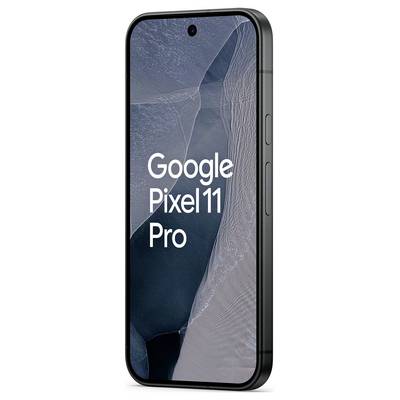 Google Pixel 11 Pro smartphone mostrato frontalmente con uno sfondo astratto scuro e il nome del telefono visualizzato sullo schermo