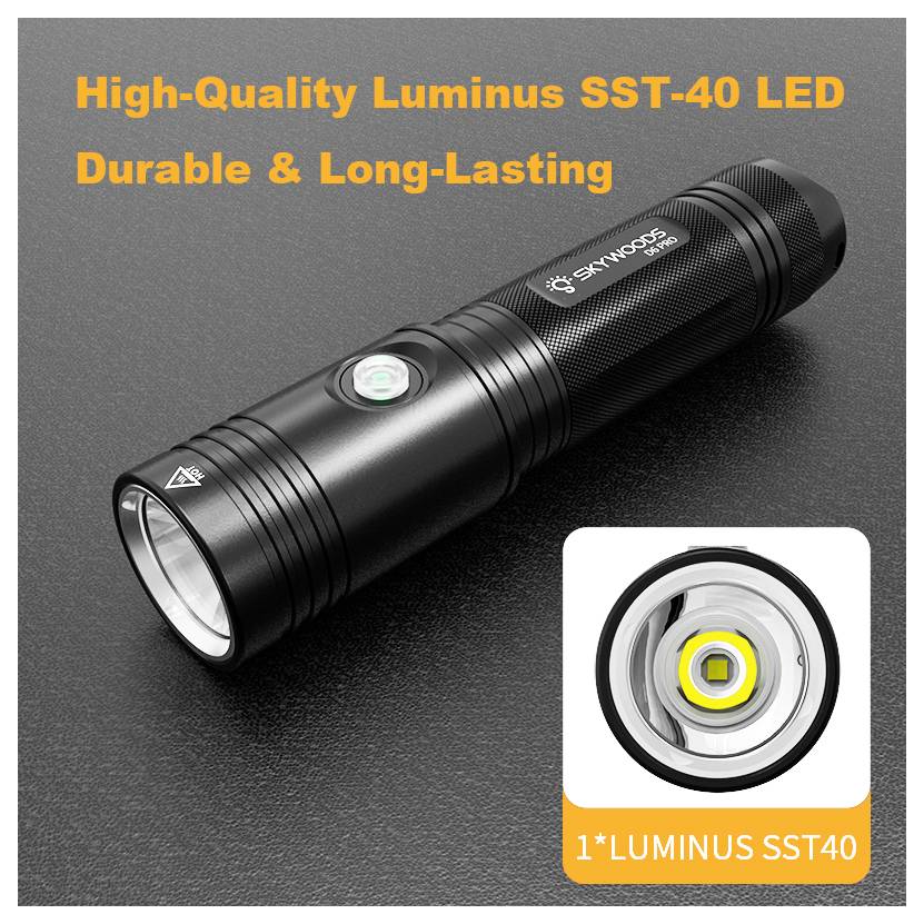 Torcia Black Skywood con 'LED Luminus SST-40 di Alta Qualità' e testo 'Durevole e Lunga Durata', più primo piano in riquadro del bulbo LED.