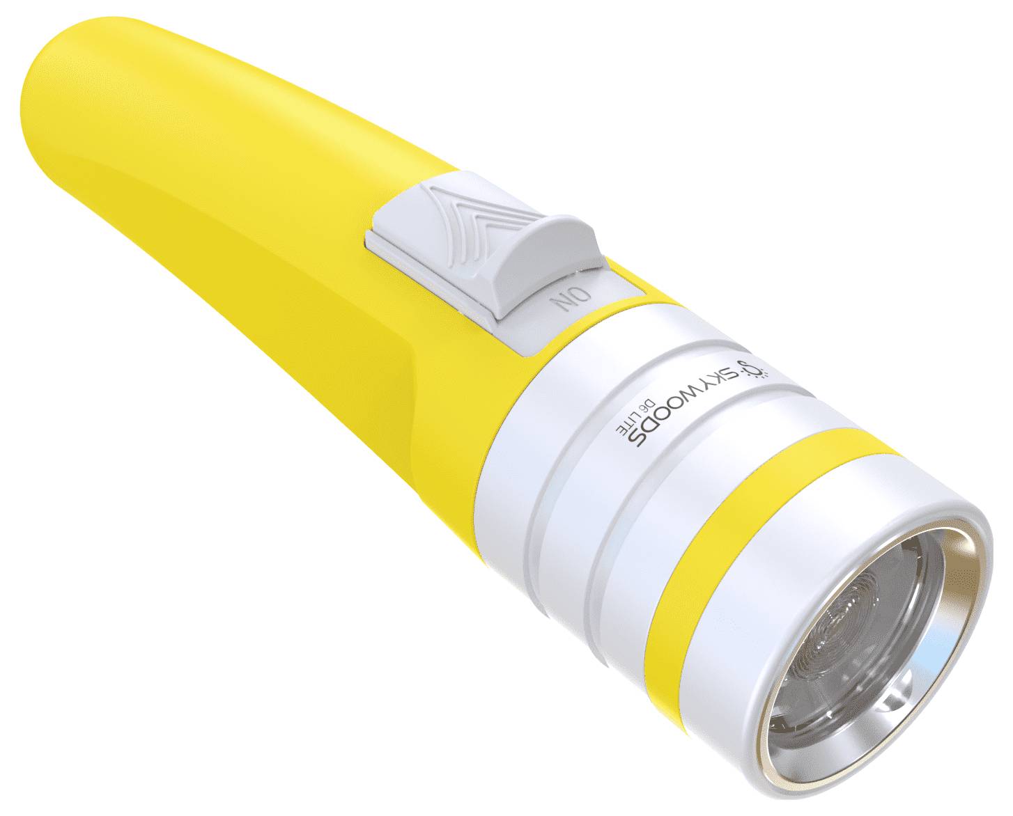 Torcia portatile gialla con interruttore on/off bianco e lente argentata, mostrata su uno sfondo bianco.