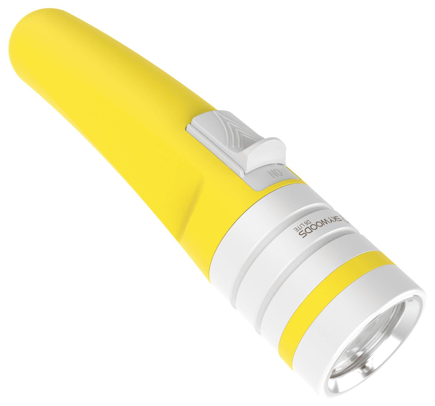 Torcia a mano di colore giallo con accenti bianchi e un interruttore laterale, mostrata su uno sfondo bianco.