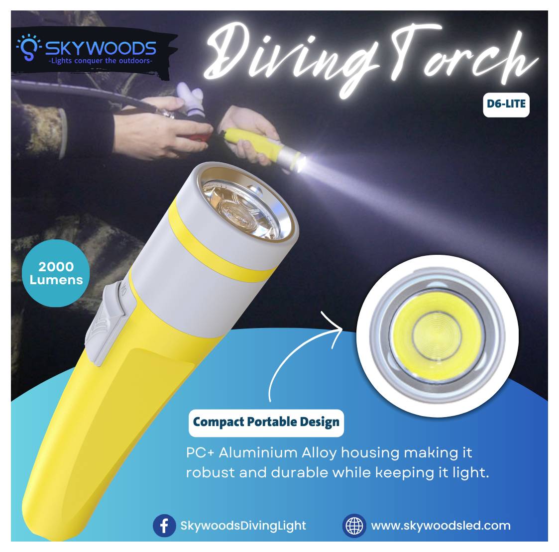 Skywoods 738874870084 LED (monocolore) Luce frontale subacquea 2000 lm a batteria ricaricabile Giallo-8
