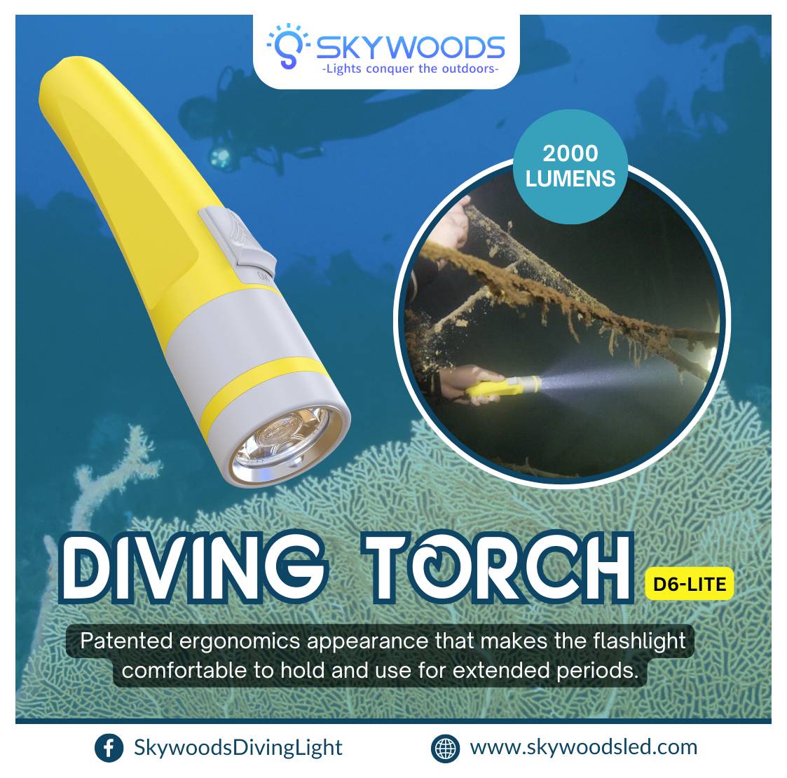 Annuncio della torcia subacquea Skywoods che mostra una torcia gialla con "2000 lumen" e un subacqueo che la utilizza sott'acqua; il testo recita "TORCIA SUBACQUEA" e "D6-LITE".