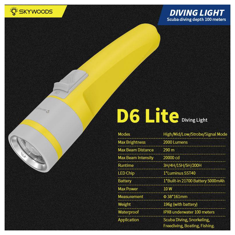 Annuncio pubblicitario della torcia subacquea Skywoods D6 Lite gialla e grigia, che mostra la torcia e le specifiche: 2000 lumen, portata del fascio di 290 m, IPX8, resistenza all'acqua fino a 100 m.