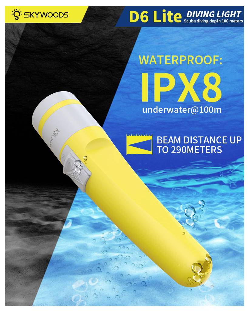 Annuncio pubblicitario per la luce subacquea Skywoods D6 Lite, che mostra una torcia gialla in acqua con il testo: "Impermeabile IPX8 sott'acqua@100m" e "Distanza del fascio fino a 290 metri".