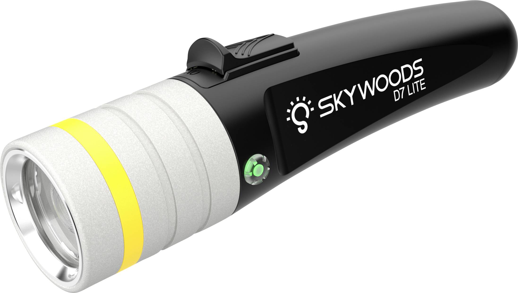 Torcia elettrica SKYWOODS D7 LITE nera e argentata con lente anteriore e pulsante di accensione verde su sfondo bianco.