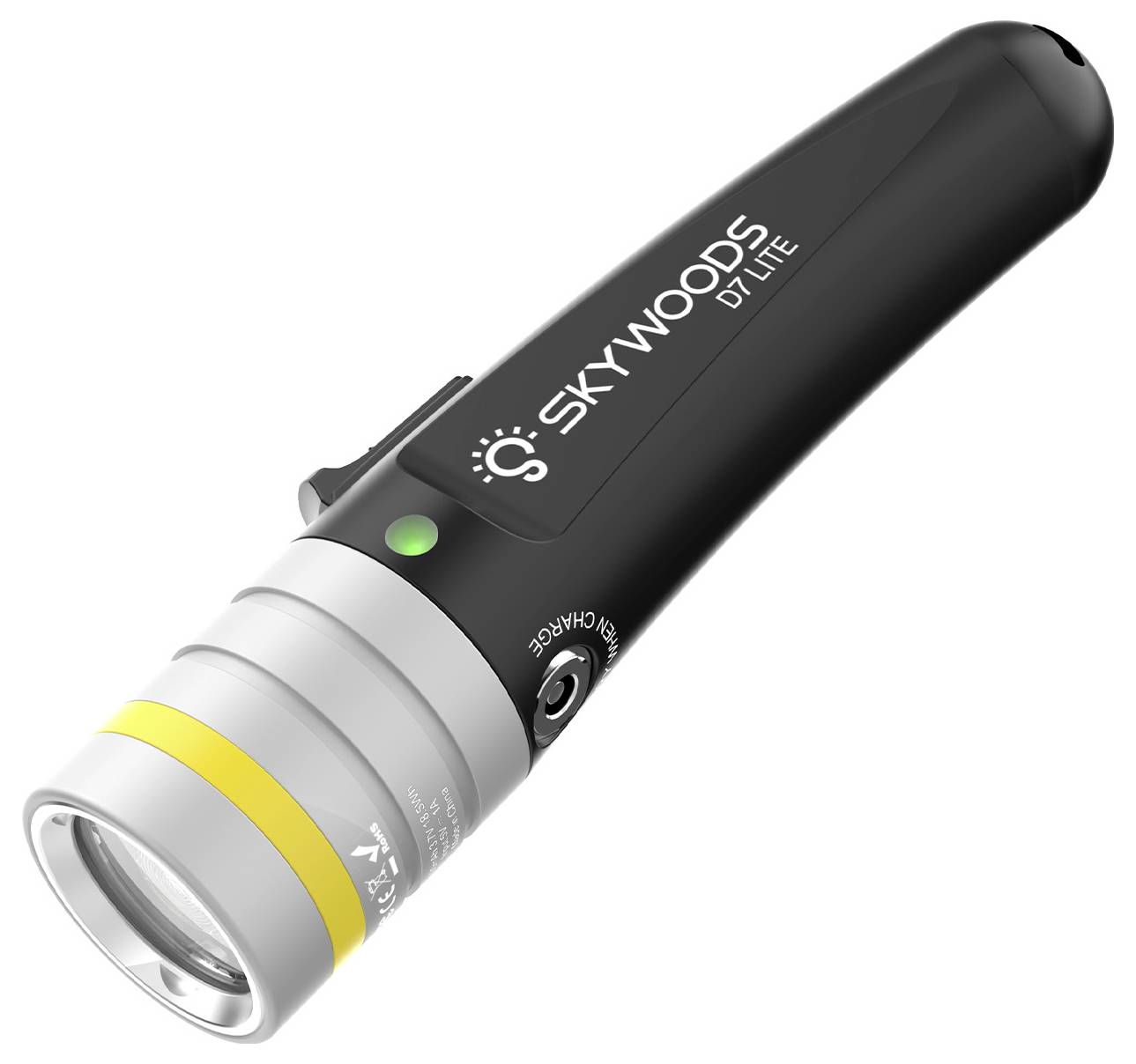 Torcia Black Skywoods DP Lite con testata argentata, luce indicatrice verde e anello di accento giallo su sfondo bianco.