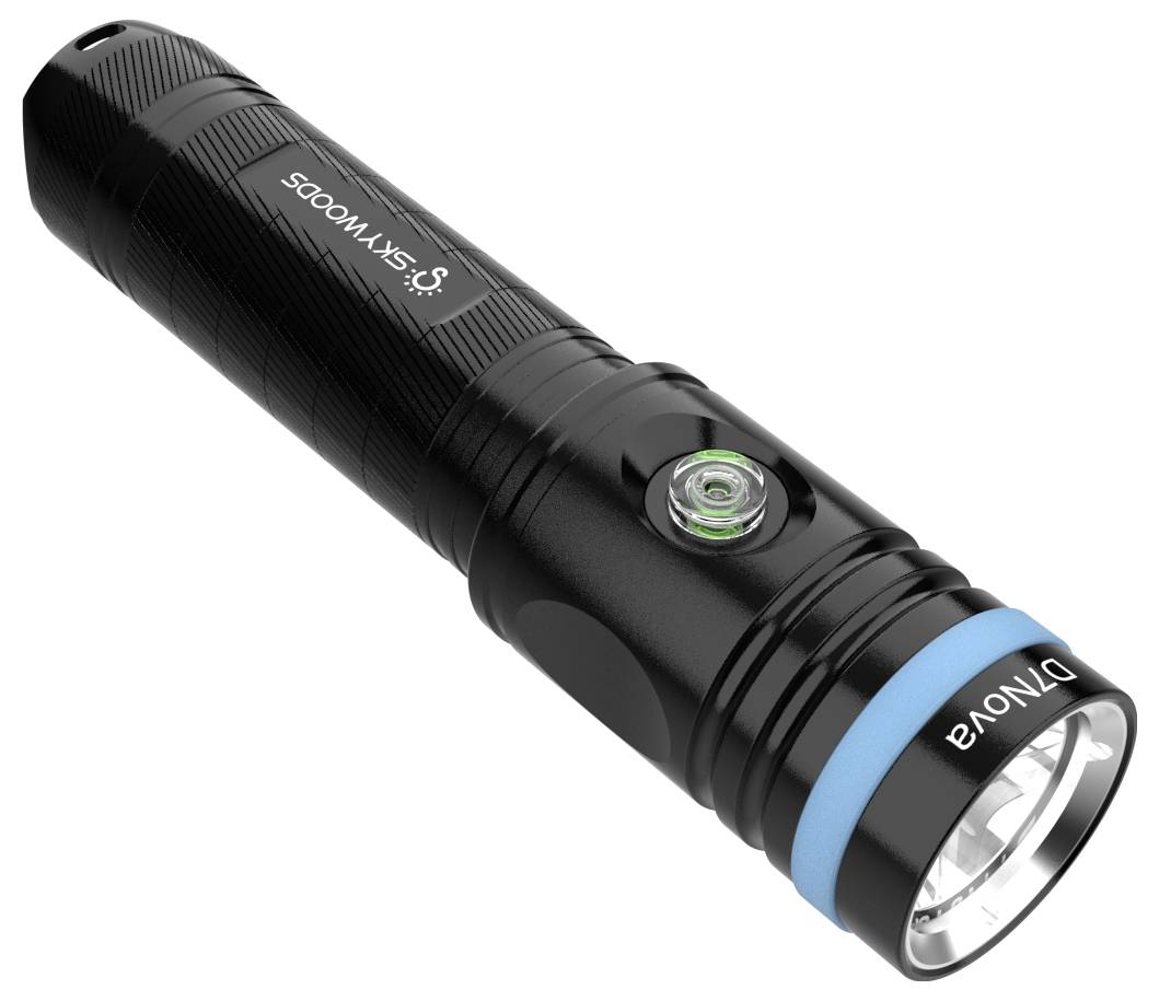 Torcia LED SJKW1000S nera con anello accento blu e interruttore laterale, mostrata su sfondo bianco.