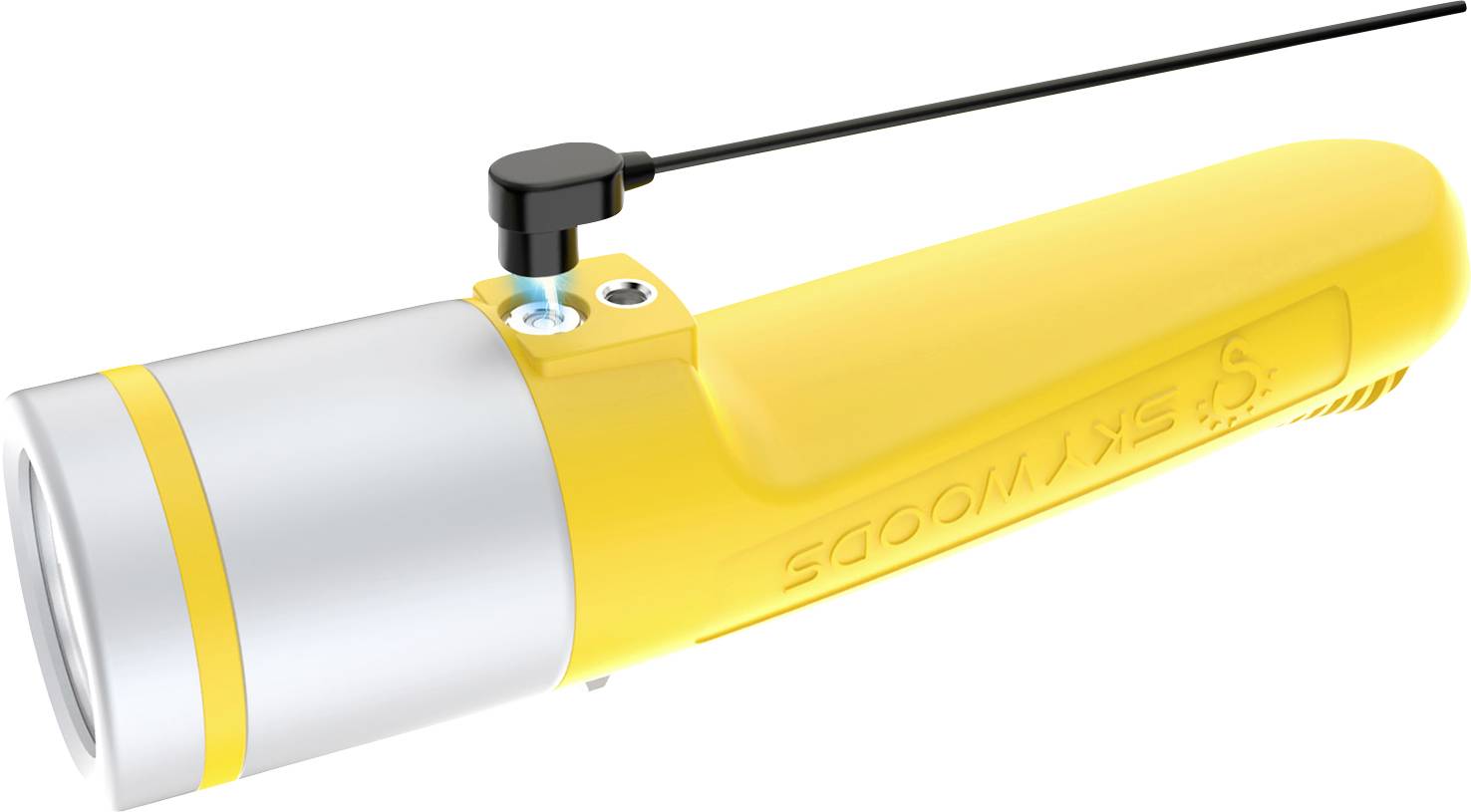 Torcia portatile giallo-argento con una lunga asta nera simile a un'antenna attaccata in cima, mostrata su uno sfondo bianco.