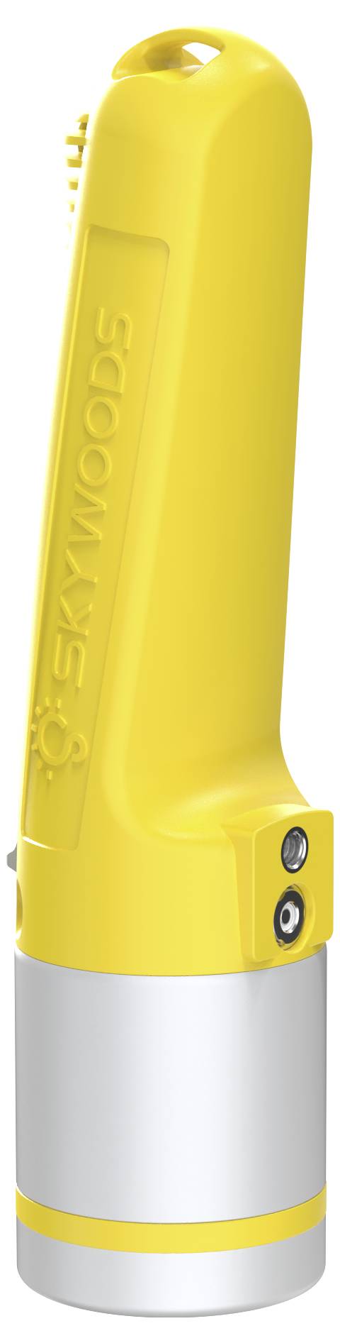 Torcia elettrica Yellow Skywoods con base bianca, mostrata in posizione verticale su uno sfondo bianco neutro.