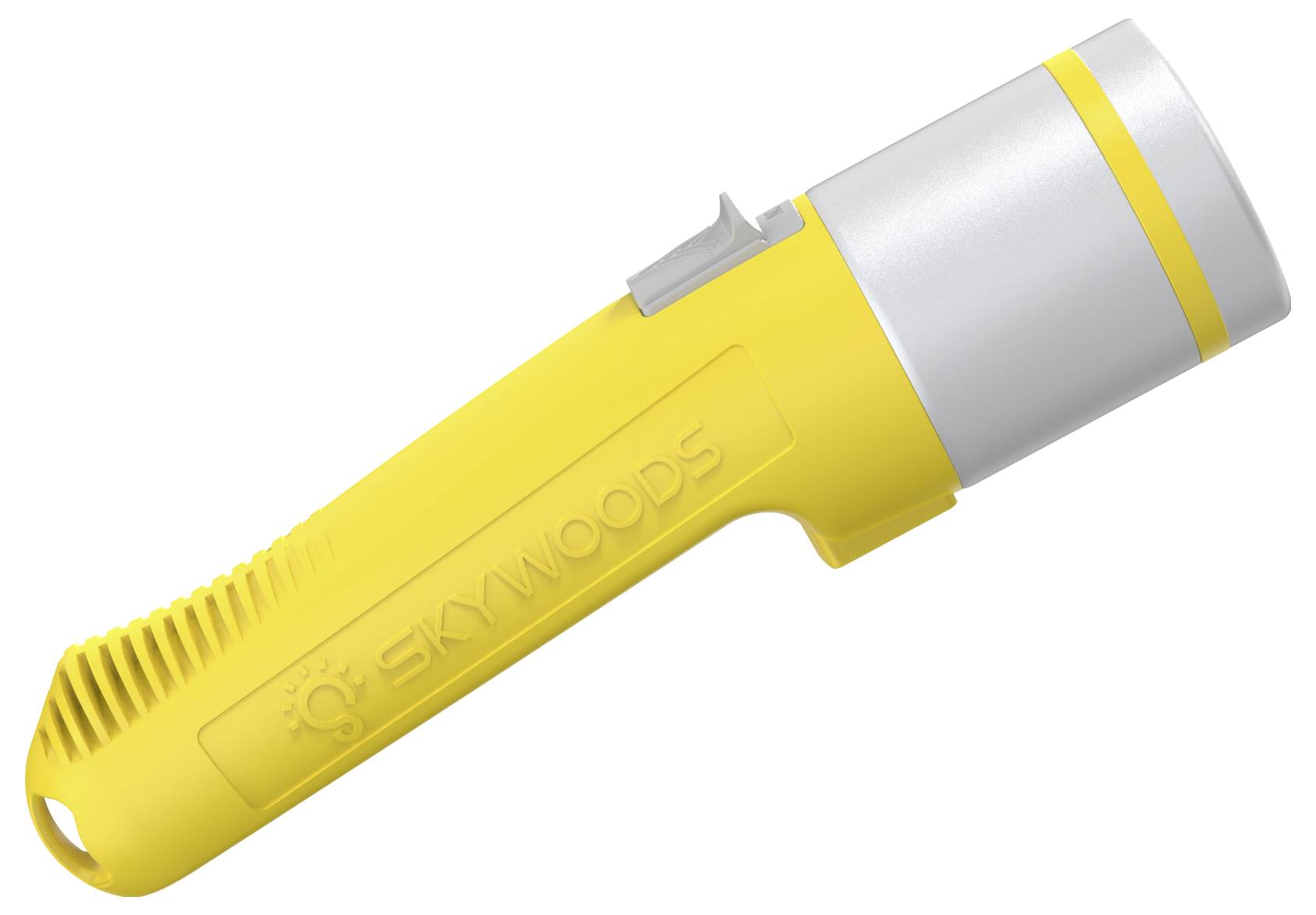 Torcia Yellow Skywoods con testata argentata e interruttore laterale grigio, mostrata su sfondo bianco.