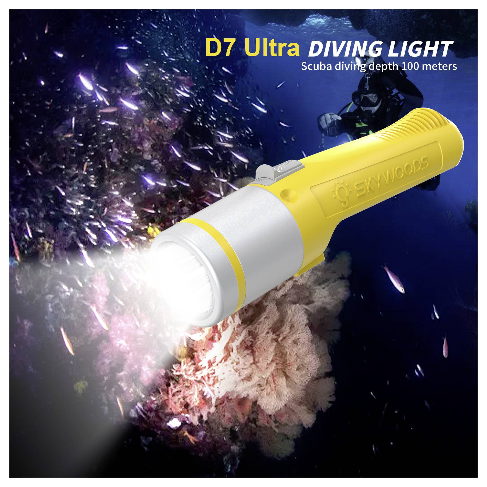 Lampada subacquea Yellow D7 Ultra che brilla sott'acqua vicino a un subacqueo, con il testo "Profondità immersione subacquea 100 metri" e "SKYWOLDS".