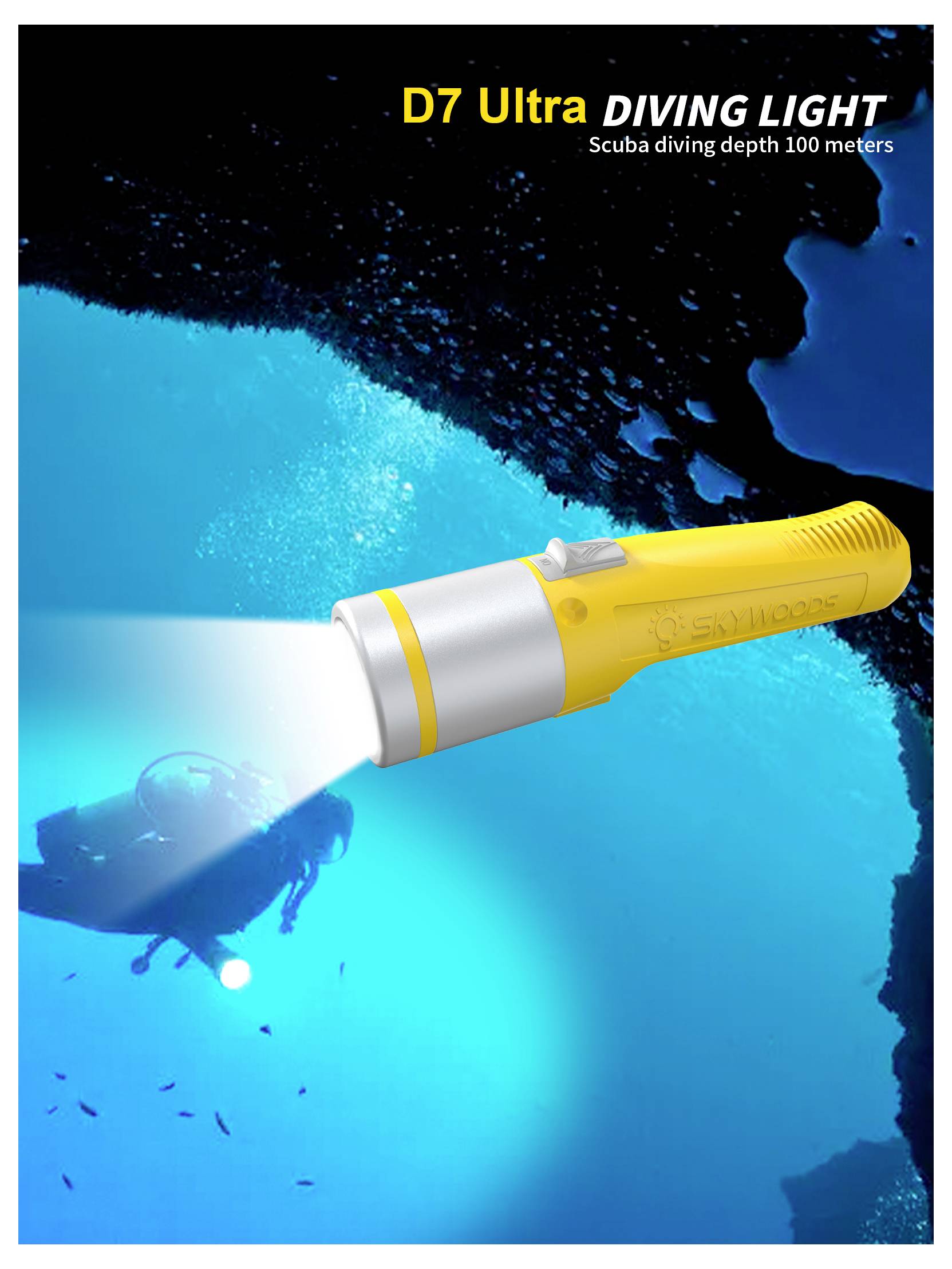 Luce subacquea D7 Ultra con subacqueo sott'acqua, che mostra il fascio luminoso brillante e il testo "Profondità immersione subacquea 100 metri".