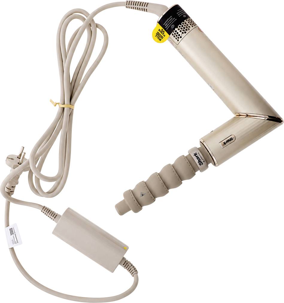 Asciugacapelli beige con cavo attaccato e spina di alimentazione, mostrato su uno sfondo bianco.