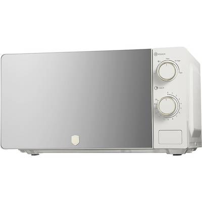 Forno a microonde in acciaio inossidabile con due manopole etichettate Potenza e Timer, e uno stemma scudo sulla porta.