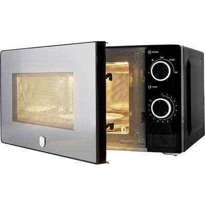 Forno a microonde nero da banco con porta in vetro aperta, che mostra la luce interna e due manopole di controllo per la potenza e il timer.