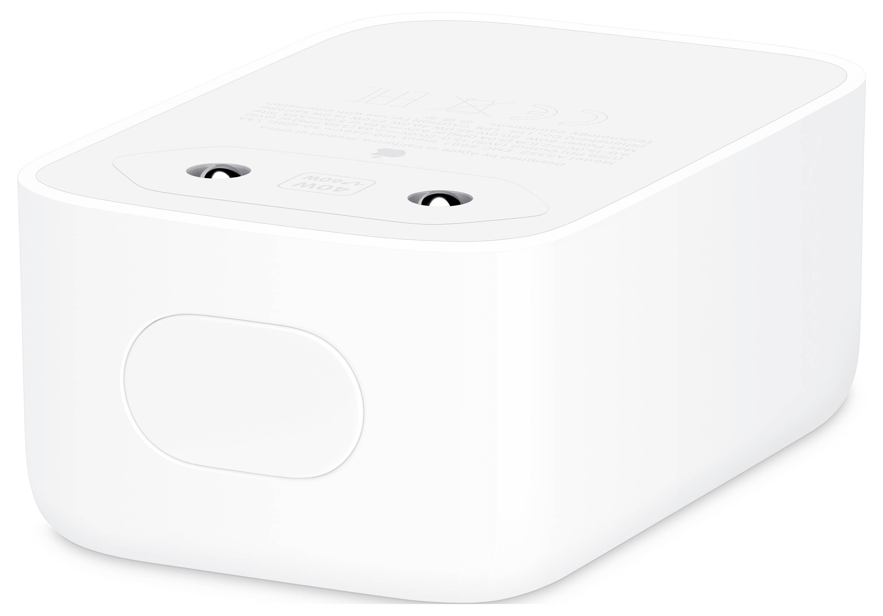 Dispositivo elettrico rettangolare bianco con angoli arrotondati, due prese nella parte superiore e un pannello ovale vuoto sulla parte anteriore.