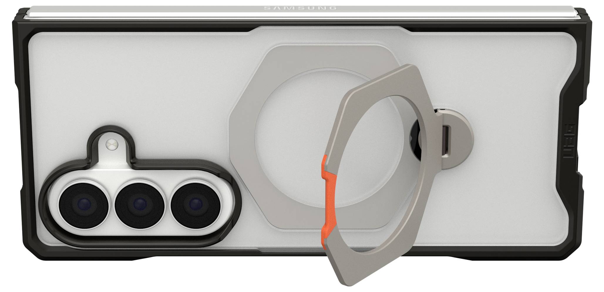 Custodia per smartphone bianca e nera con ritaglio tripla fotocamera integrato e anello protettivo sul retro, mostrata in vista frontale.
