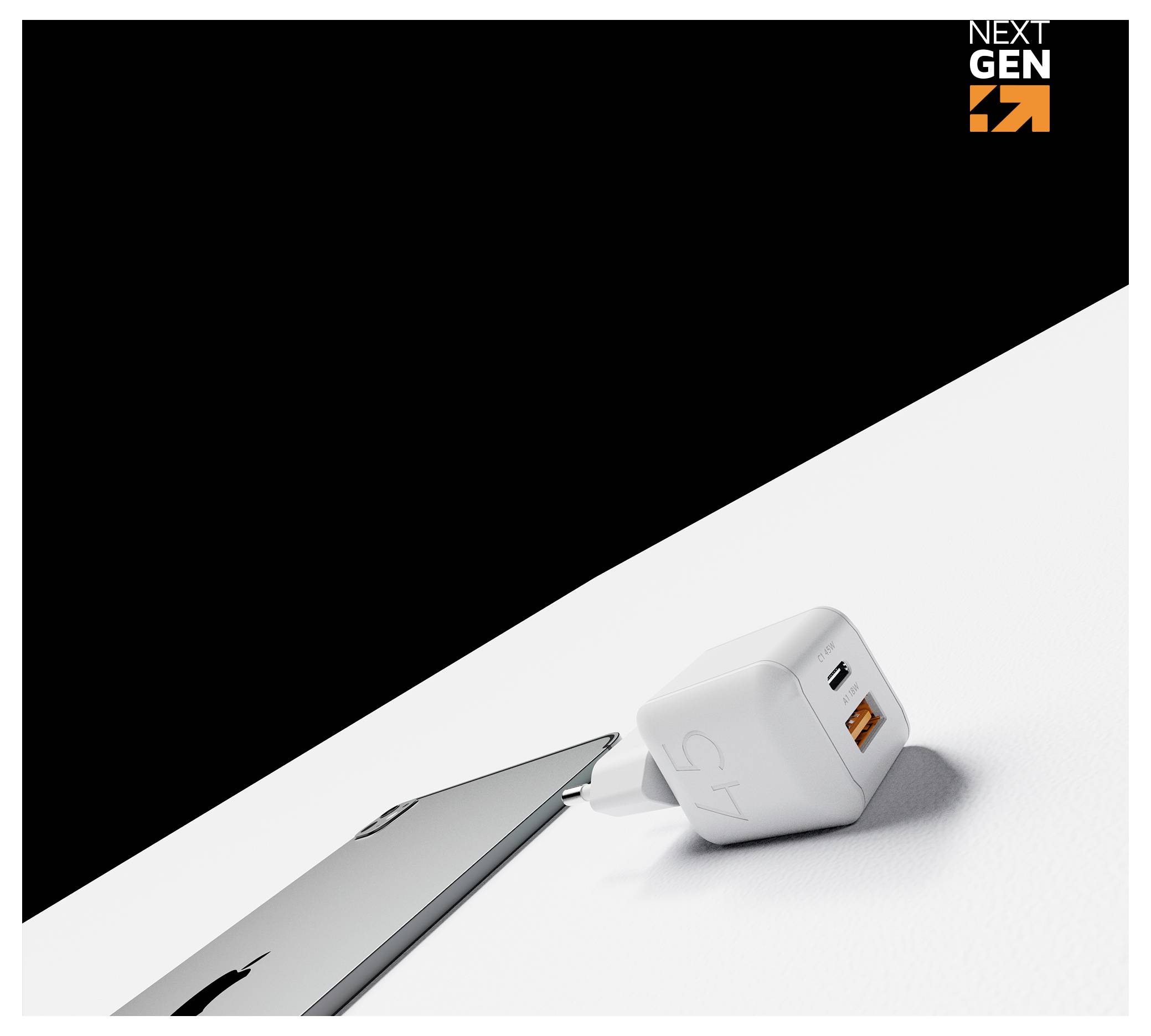Caricabatterie da parete USB-C di ultima generazione di colore bianco accanto a uno smartphone argento su una superficie bianca, con il logo 'NEXT GEN' in alto a destra.