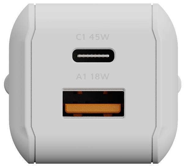 Caricabatterie da parete bianco con doppia porta e porta USB-C etichettata "C1 45W" sopra la porta USB-A etichettata "A1 18W"
