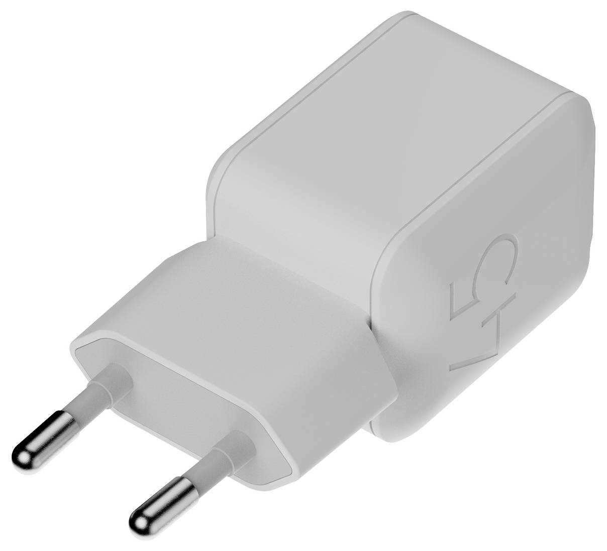 Adattatore per presa elettrica a muro a due spilli di colore bianco con corpo di forma rettangolare arrotondata mostrato su uno sfondo neutro.