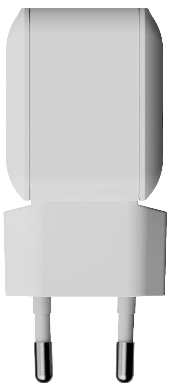 Adattatore per presa elettrica a due contatti di colore bianco con i lati arrotondati, mostrato in vista frontale su sfondo bianco.
