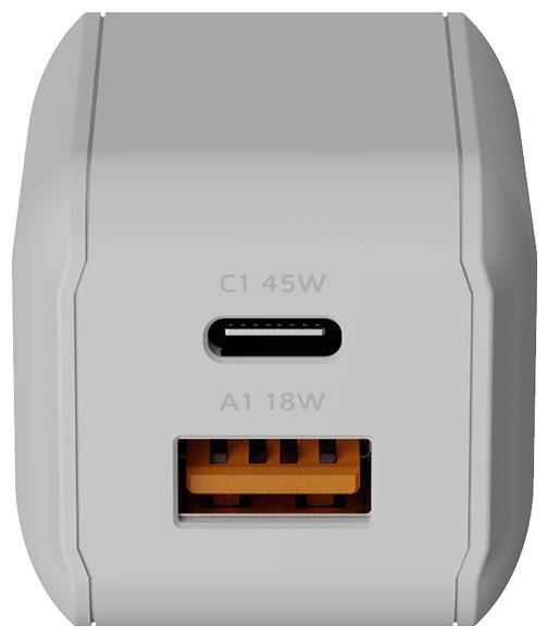Caricabatterie da parete bianco con doppia porta, con una porta USB-C etichettata "C1 45W" sopra una porta USB-A etichettata "A1 18W".
