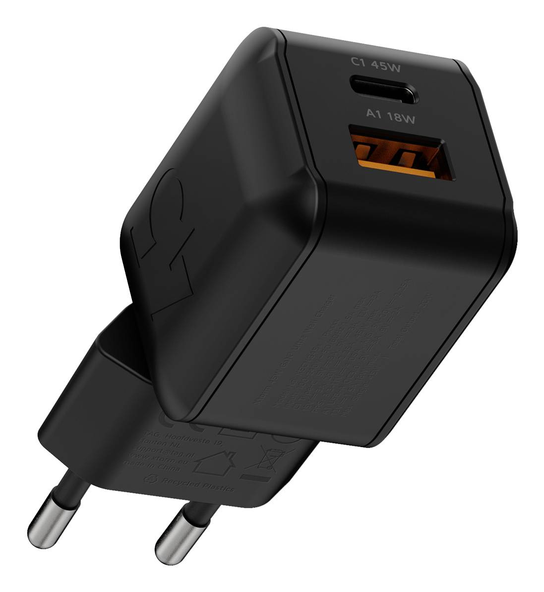 Caricabatterie da parete nero con spina EU e due porte USB etichettate C1 45W e A1 18W.
