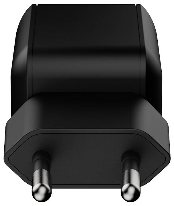 Adattatore per presa elettrica a due poli di colore nero con corpo arrotondato, mostrato in vista frontale su sfondo bianco.