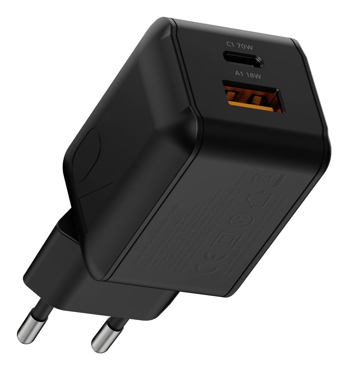 Caricabatterie murale nero con spina europea, dotato di porte USB-C e USB-A etichettate rispettivamente "C1 20W" e "A1 18W".
