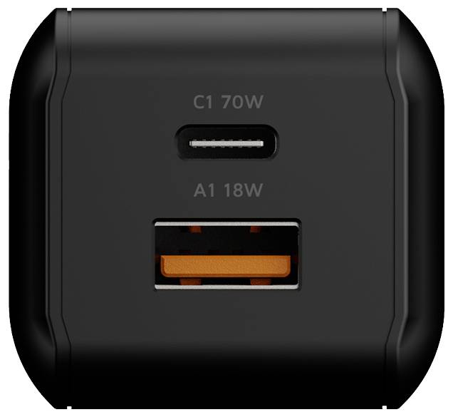 Vista frontale di un caricabatterie doppio nero con porta USB-C etichettata "C1 70W" e porta USB-A etichettata "A1 18W".