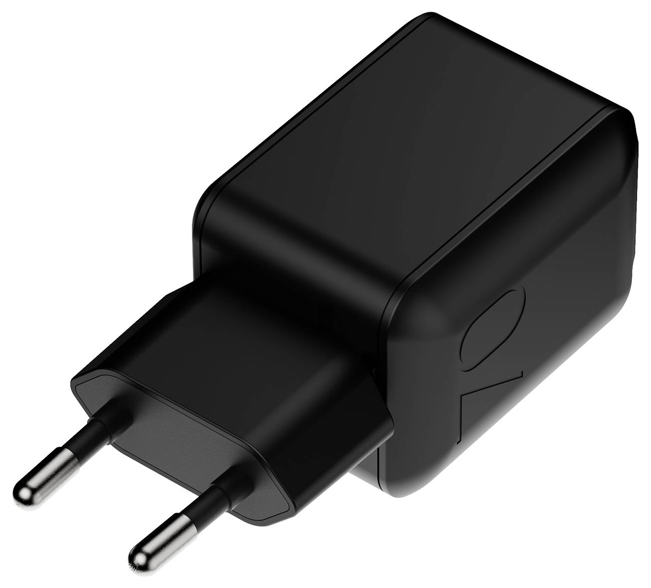 Adattatore caricabatterie da parete a due spine elettriche nere su sfondo bianco.