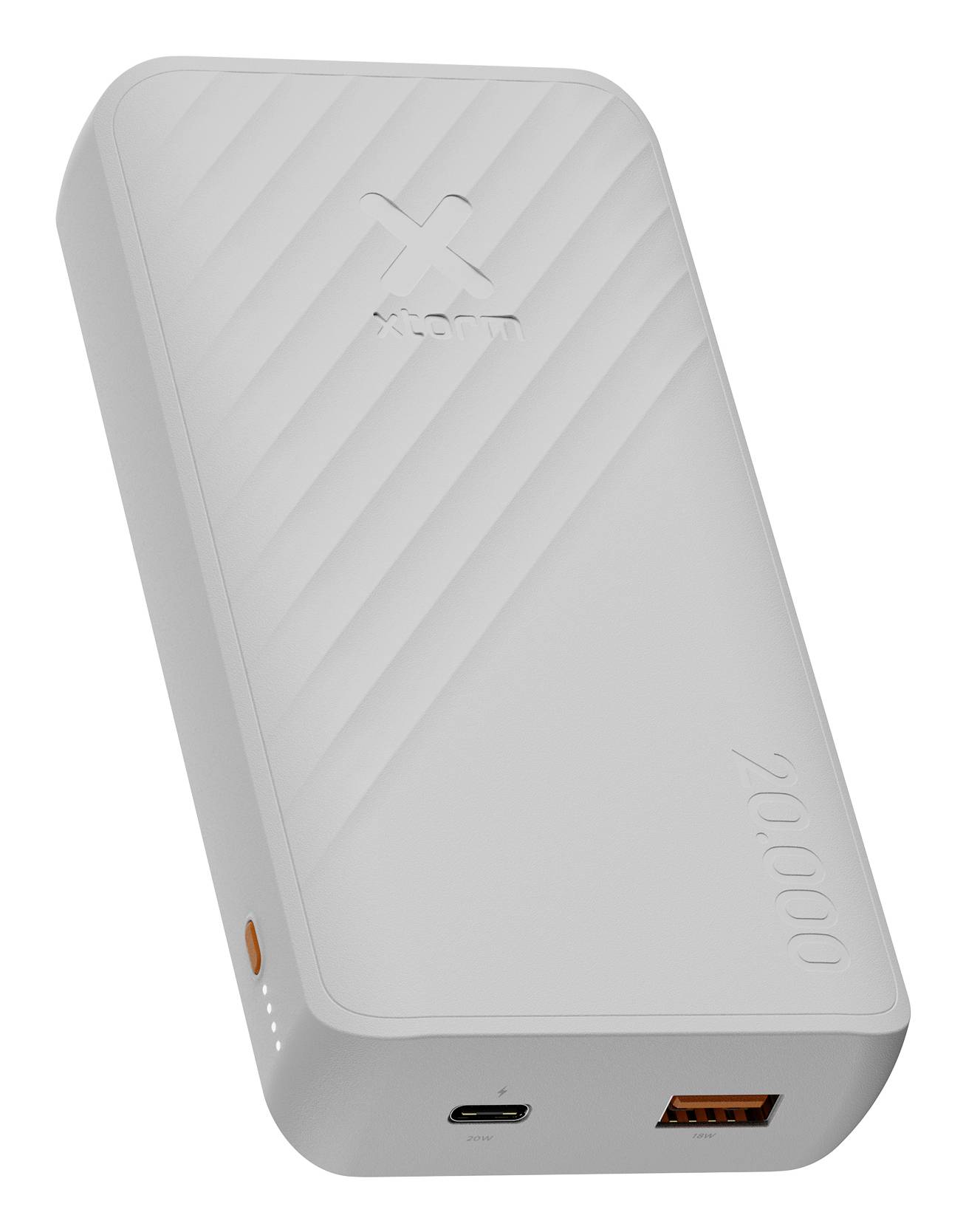 Powerbank portatile bianca con logo in rilievo, che mostra una porta di ricarica USB-C e una porta di uscita USB-A sul bordo inferiore.