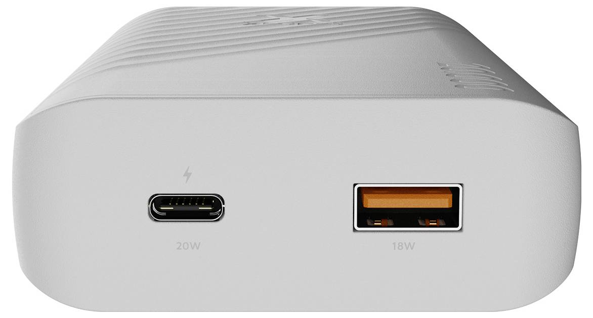 Adattatore di alimentazione bianco con una porta USB-C etichettata 20W e una porta USB-A etichettata 18W sulla parte anteriore.