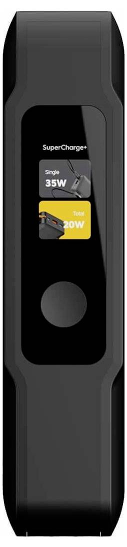 Stazione di ricarica nera con un display che mostra SuperCharge, Singolo 35W e Totale 20W, più un pulsante circolare sottostante.