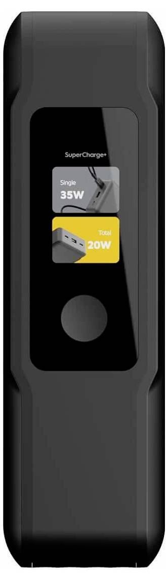 Power bank o caricabatterie nero con display centrale che mostra le icone di SuperCharger, output singolo da 35W e output doppio da 20W.