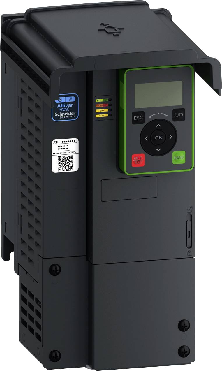 Azionamento Altivar Schneider Electric nero con tastiera LCD, spie di stato e pulsanti di controllo.