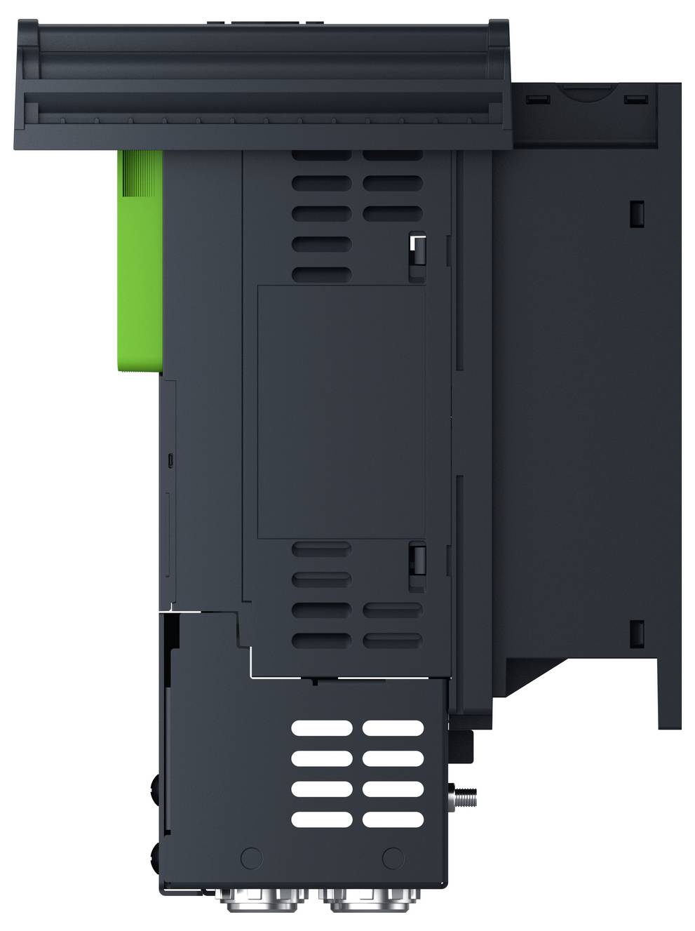 Modulo elettronico industriale grigio scuro con accento laterale verde e pannello frontale ventilato, mostrato isolato su sfondo bianco.