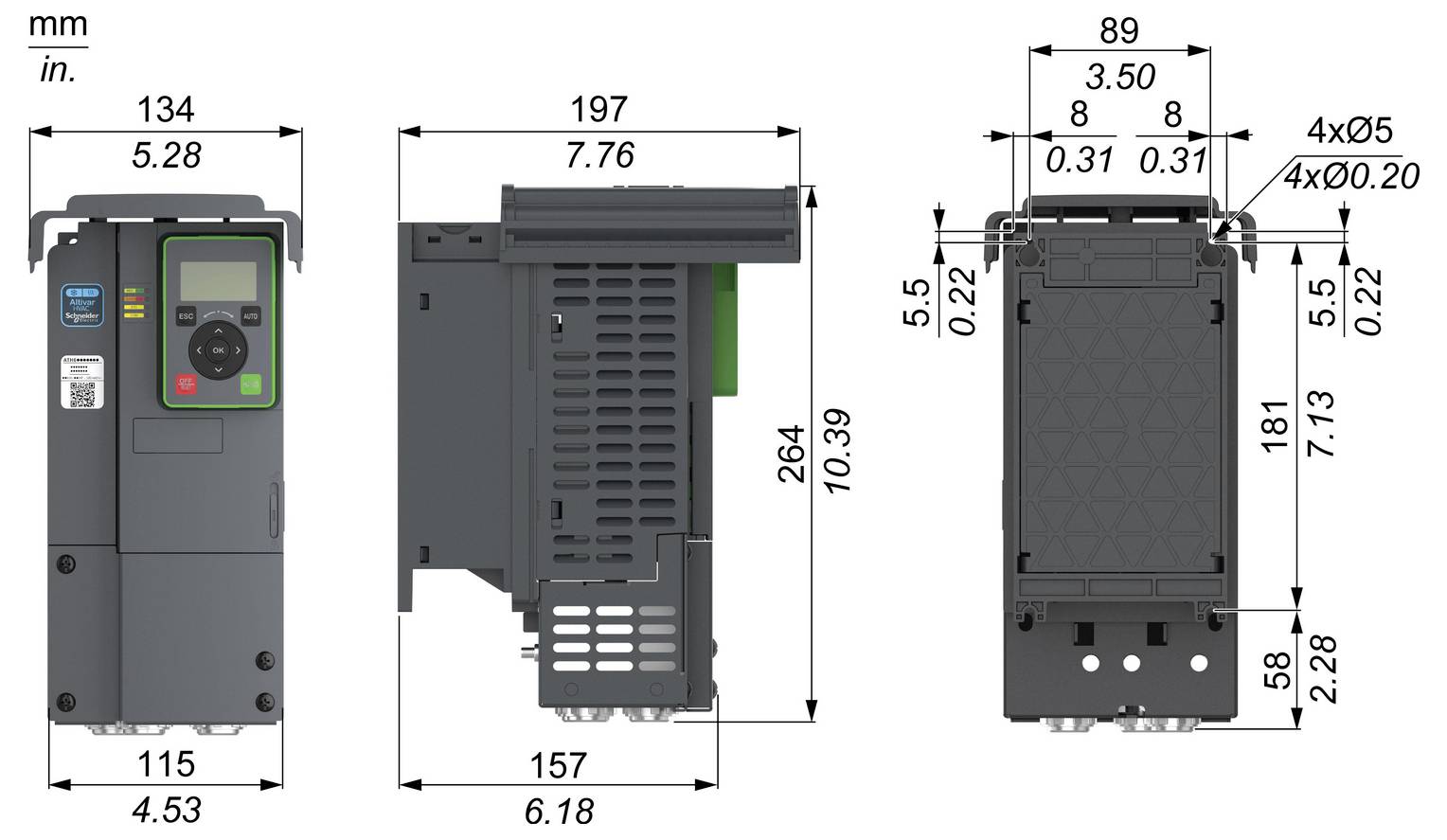 Disegno tecnico di un dispositivo industriale rettangolare mostrato in viste frontale, laterale e posteriore con misurazioni in mm e pollici.