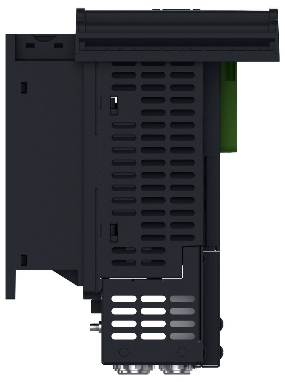 Vista laterale di un modulo elettronico industriale nero con fessure di ventilazione, linguette di montaggio e un bordo connettore verde visibile sulla destra.