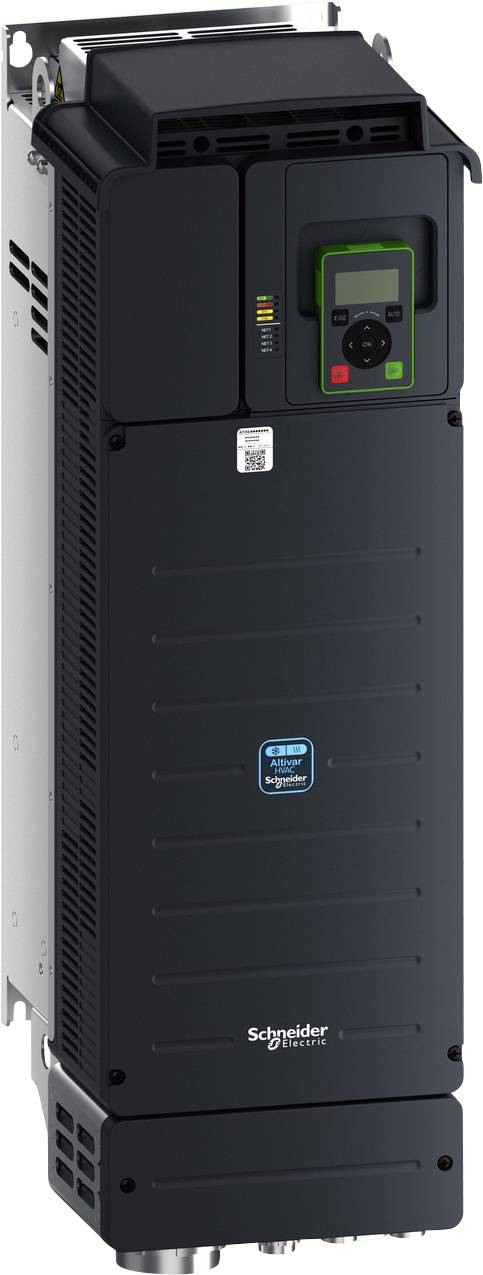 Inverter per azionamenti industriali Schneider Electric di colore nero con pannello di controllo frontale e display, presentato in una vista in stile prodotto su sfondo bianco.