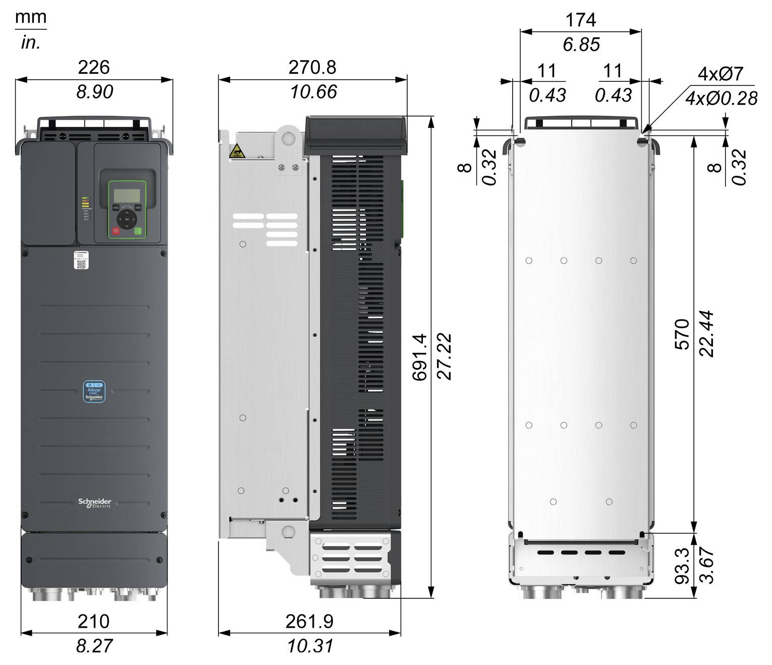 Disegno tecnico delle dimensioni di un azionamento elettrico Schneider, mostrato in viste frontale, laterale e posteriore con misure in mm e pollici.