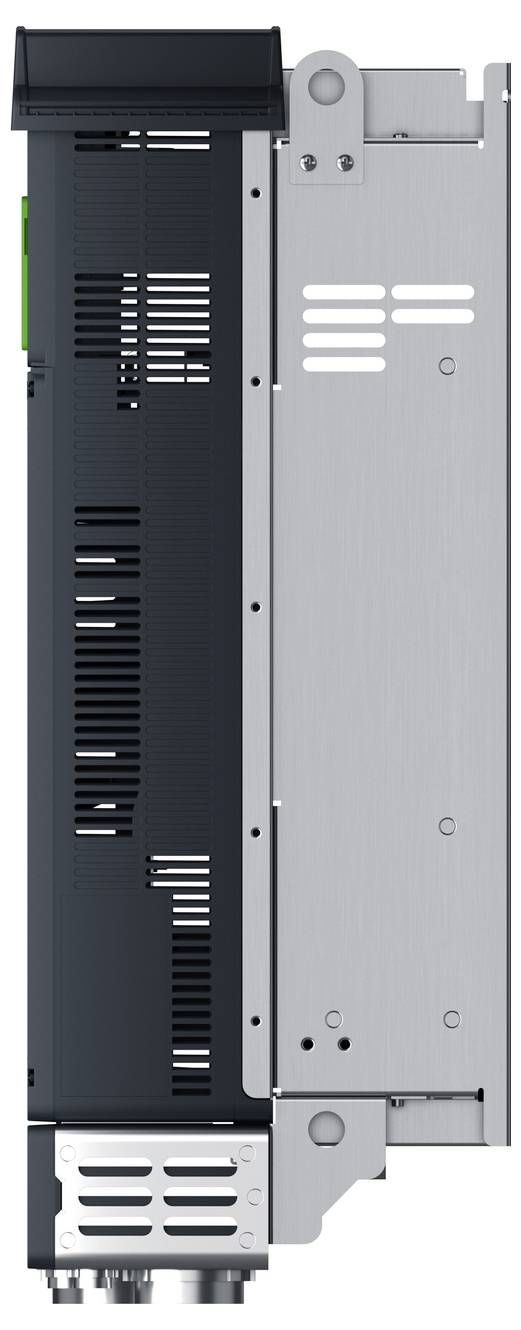Vista laterale di un componente metallico per computer o modulo server con pannelli di ventilazione neri, piastra di montaggio argento e connettori nella parte inferiore.